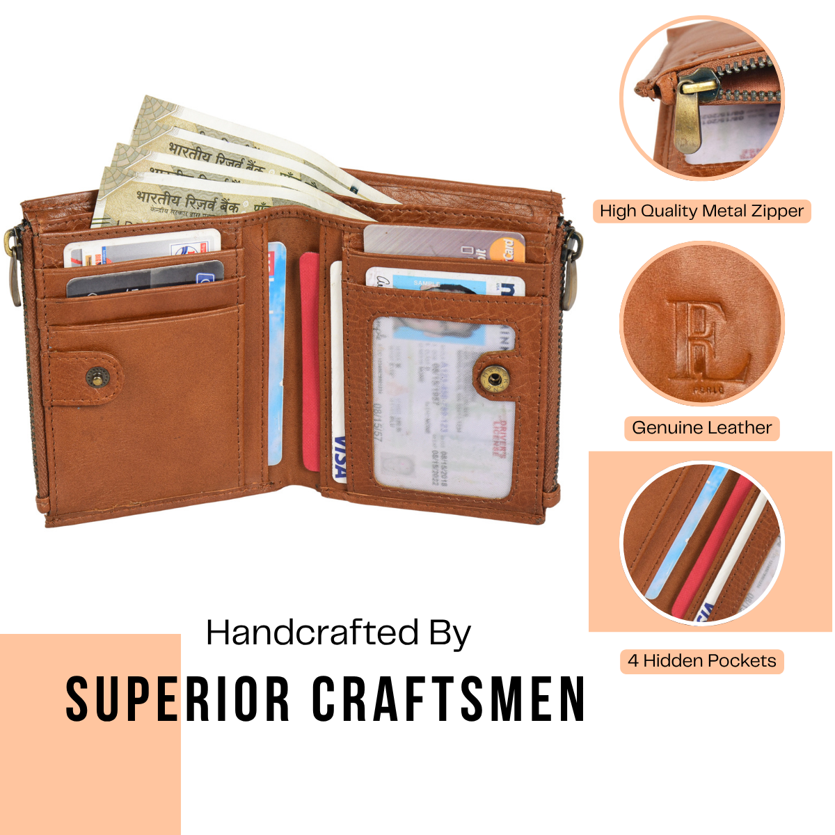 Genuine Leather Wallet with Zip Pocket and Textured Front