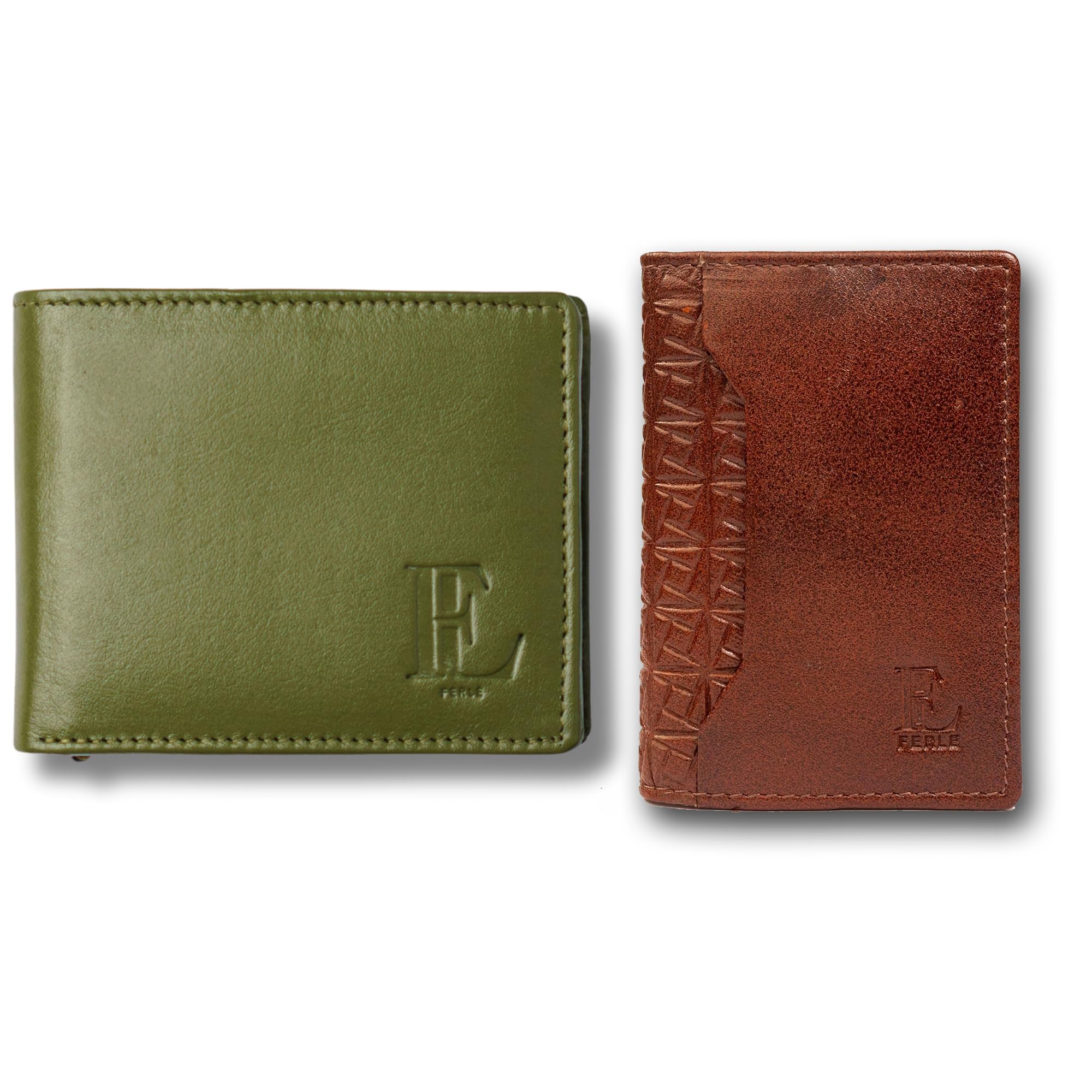 Green Leather Wallet & Brown Textured Card Holder Combo