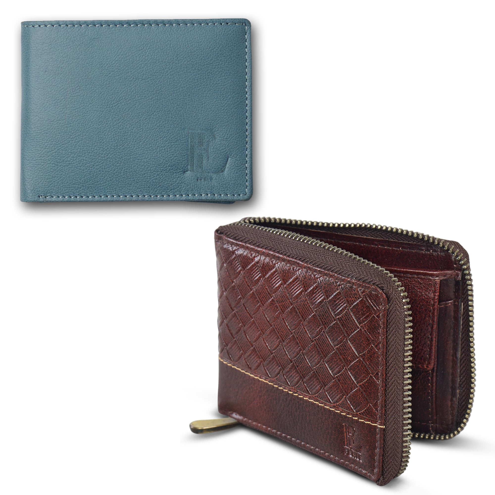 Blue Leather Wallet & Brown Textured Zip Wallet Combo