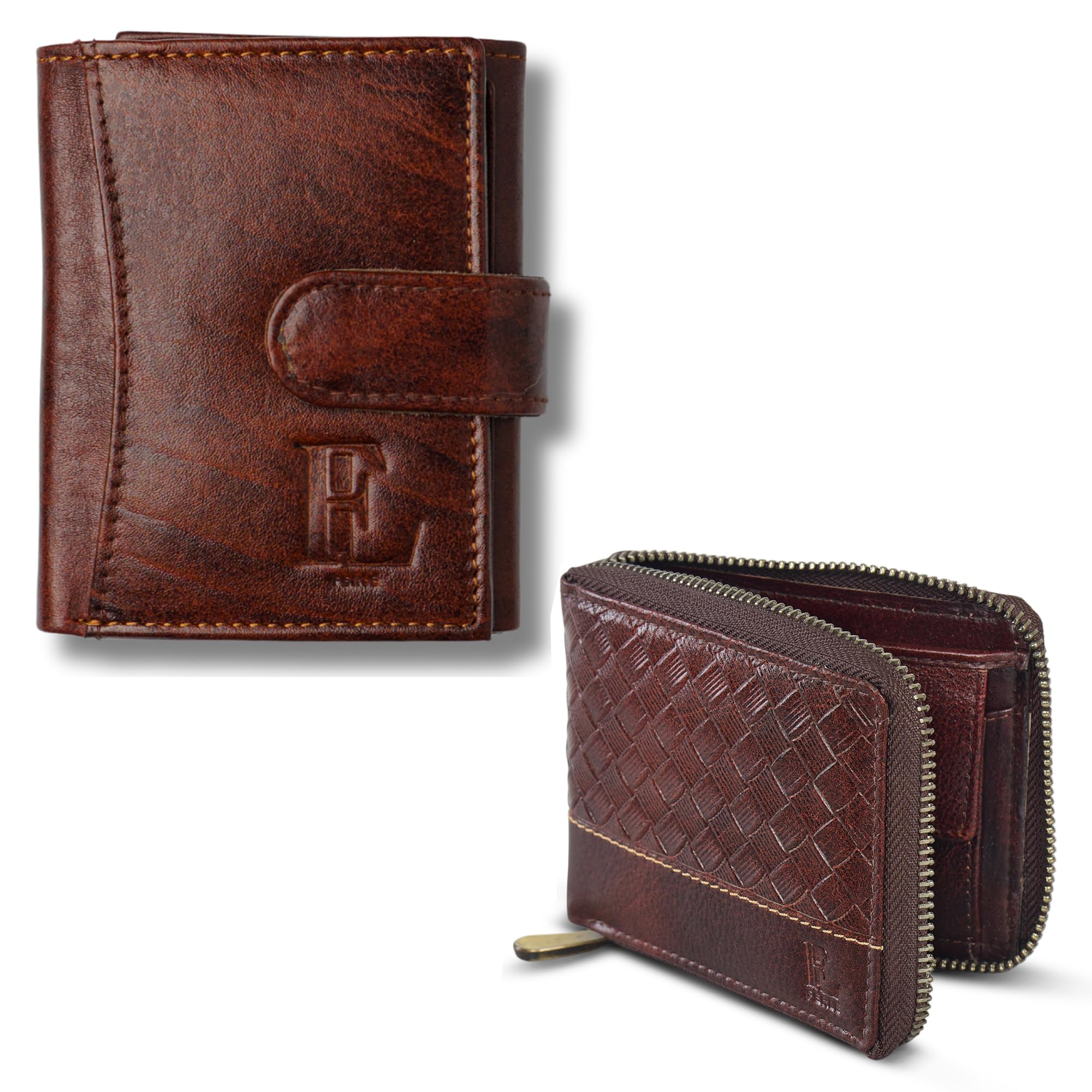 Brown Leather Wallet with Button Closure & Brown Zip Wallet Combo