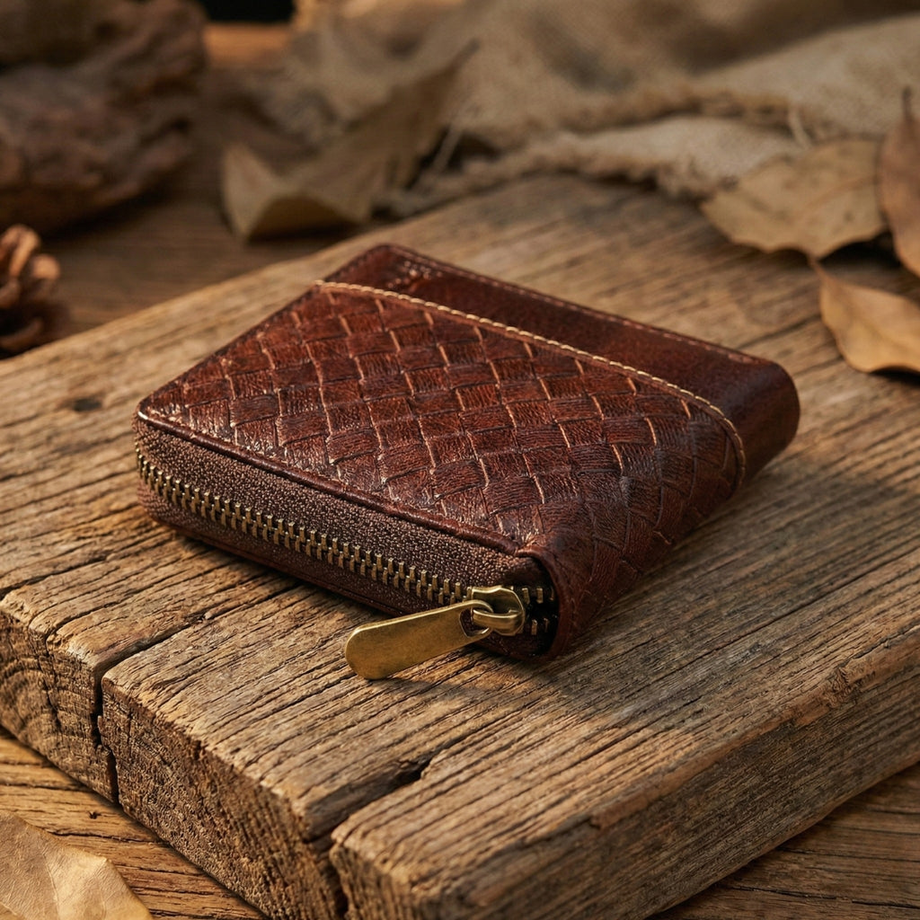 Genuine Leather Wallet with Zip Pocket and Textured Front