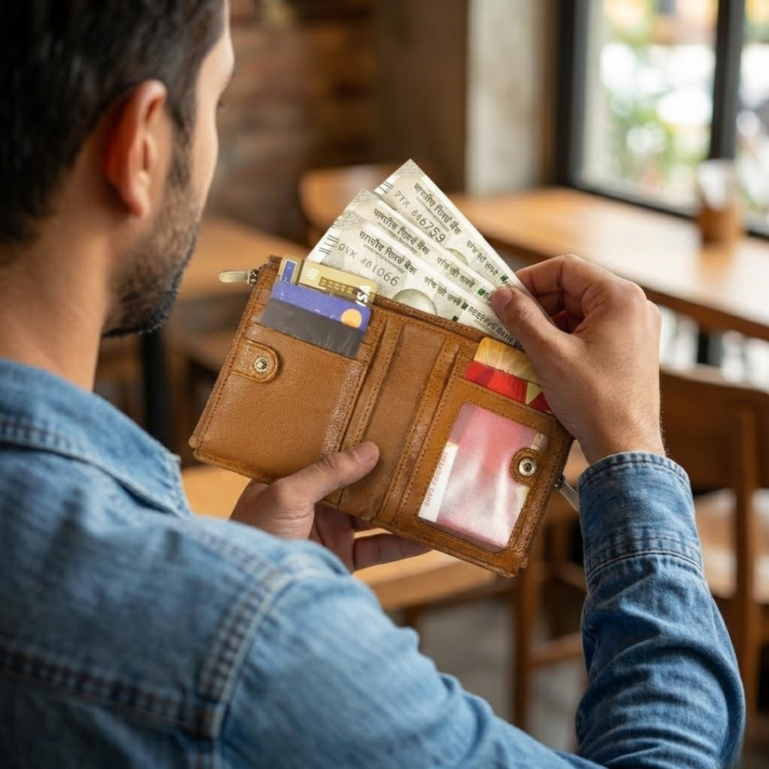 Genuine Leather Men’s Wallet with Zip Pocket and Multiple Card Slots