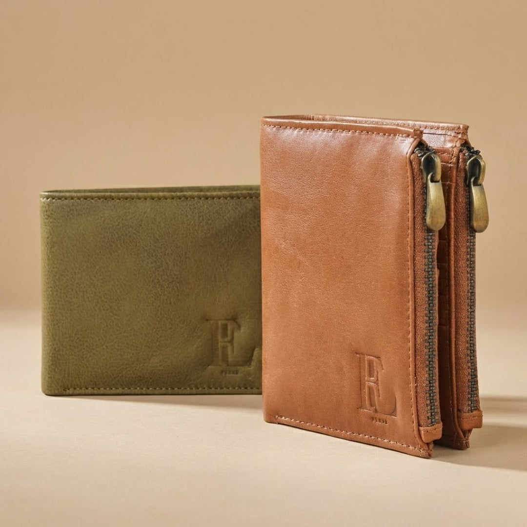 Green Leather Wallet & Double Zip Tan Leather Wallet Combo