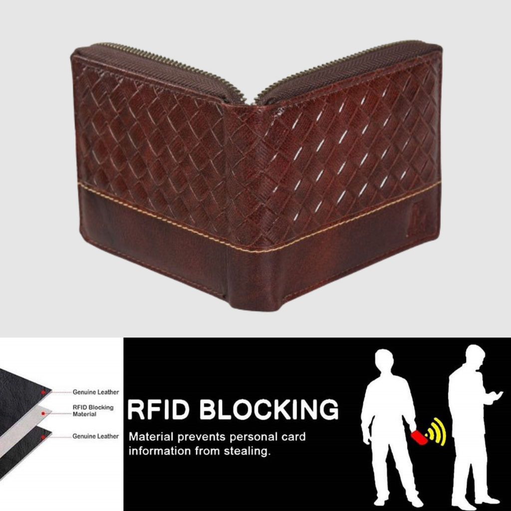 Genuine Leather Wallet with Zip Pocket and Textured Front