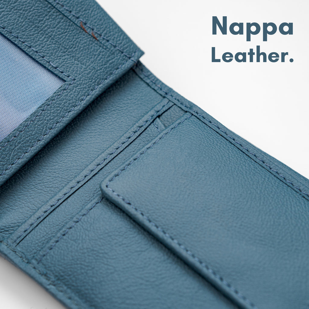 Blue Nappa Leather Men’s Wallet with Coin Pocket and ID Window