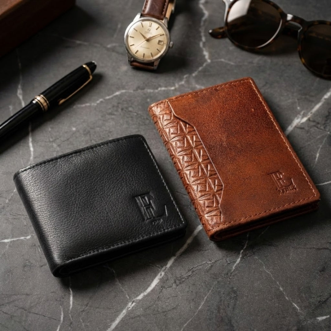 Black Leather Wallet & Brown Textured Card Holder Combo
