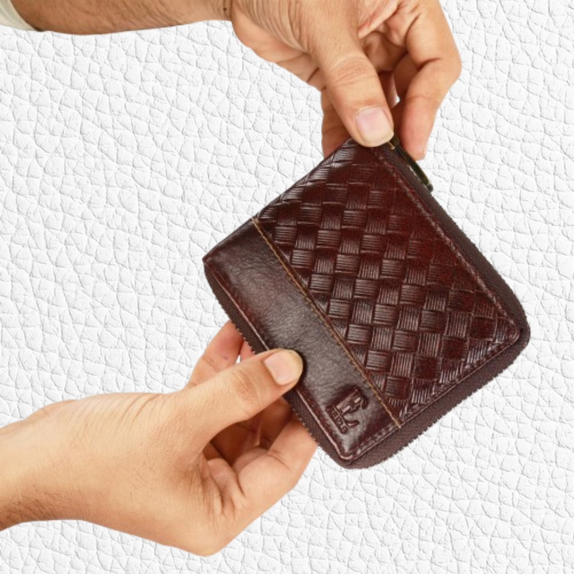 Genuine Leather Wallet with Zip Pocket and Textured Front