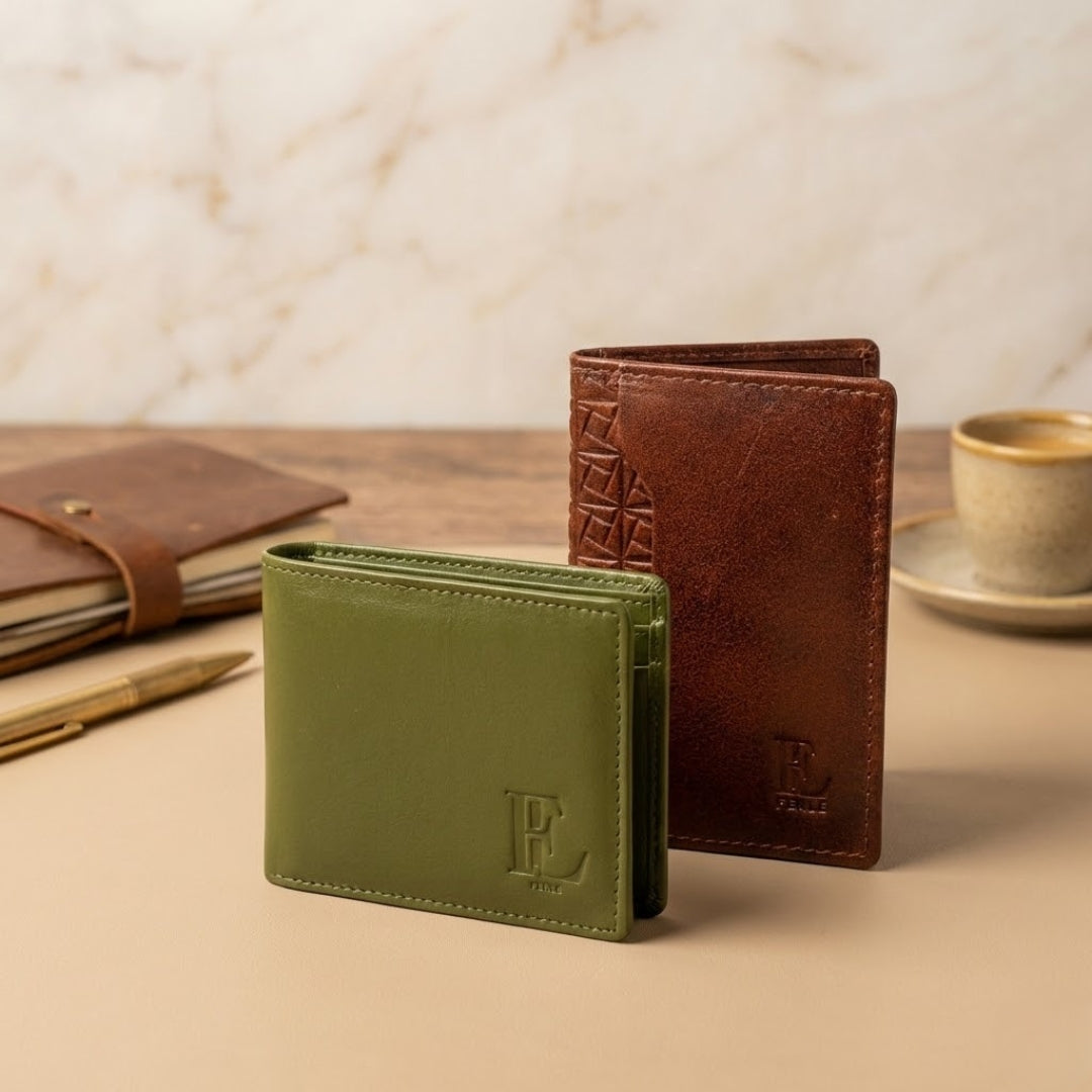 Green Leather Wallet & Brown Textured Card Holder Combo