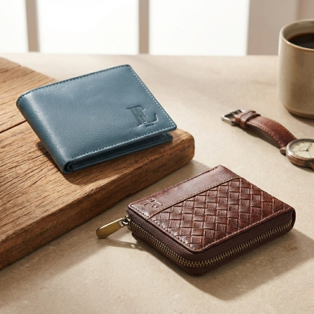Blue Leather Wallet & Brown Textured Zip Wallet Combo