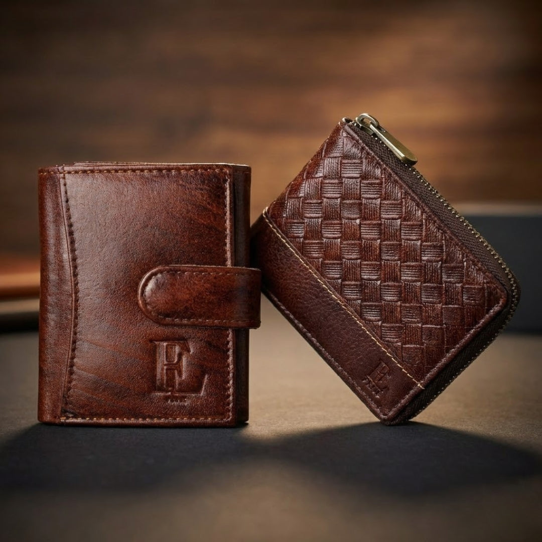 Brown Leather Wallet with Button Closure & Brown Zip Wallet Combo