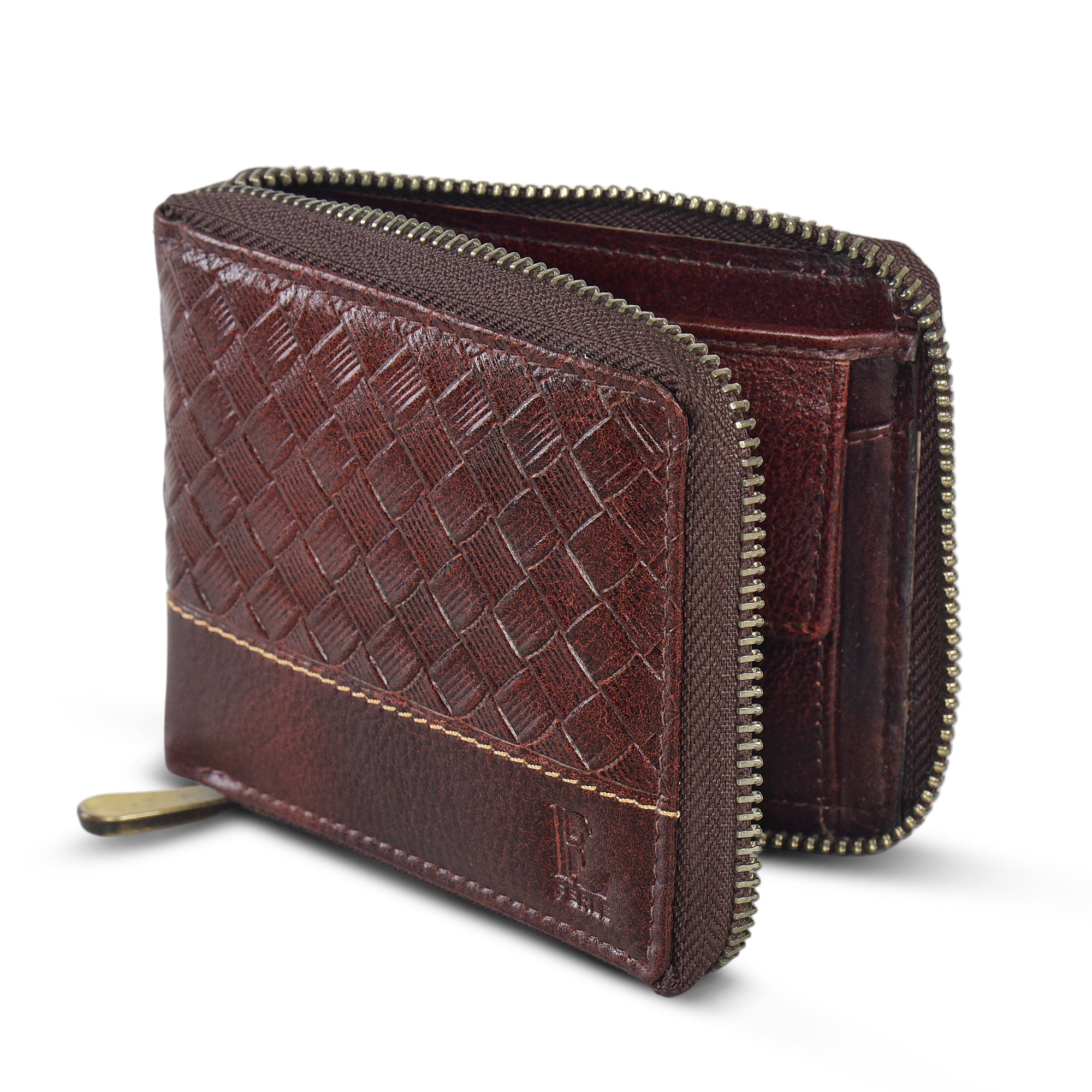 Genuine Leather Wallet with Zip Pocket and Textured Front